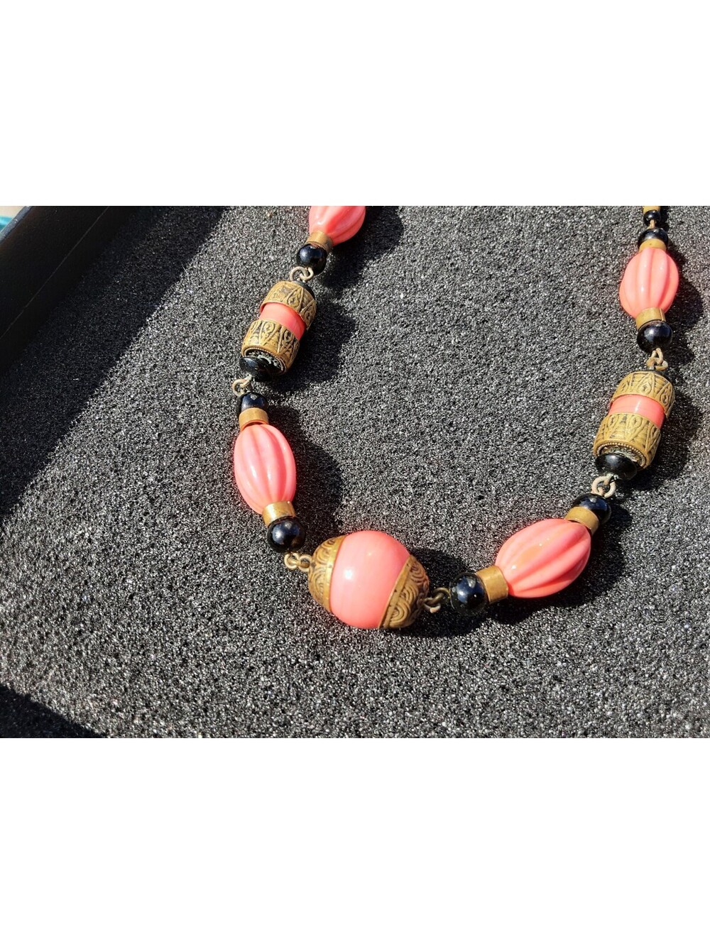 Art Deco Coral Beaded and Brass Necklace 17" Vintage